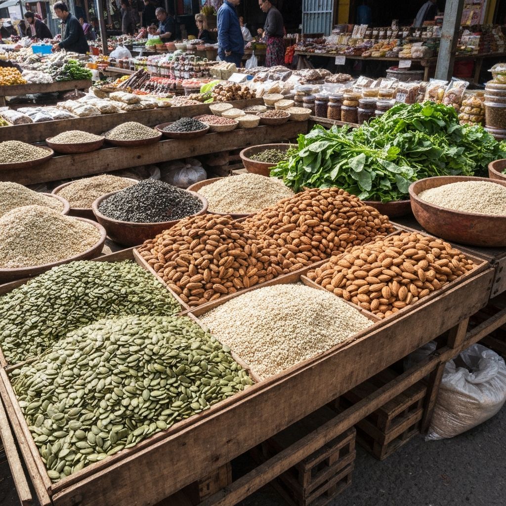 Natural mineral sources including zinc-rich seeds and magnesium-rich almonds on wooden surface