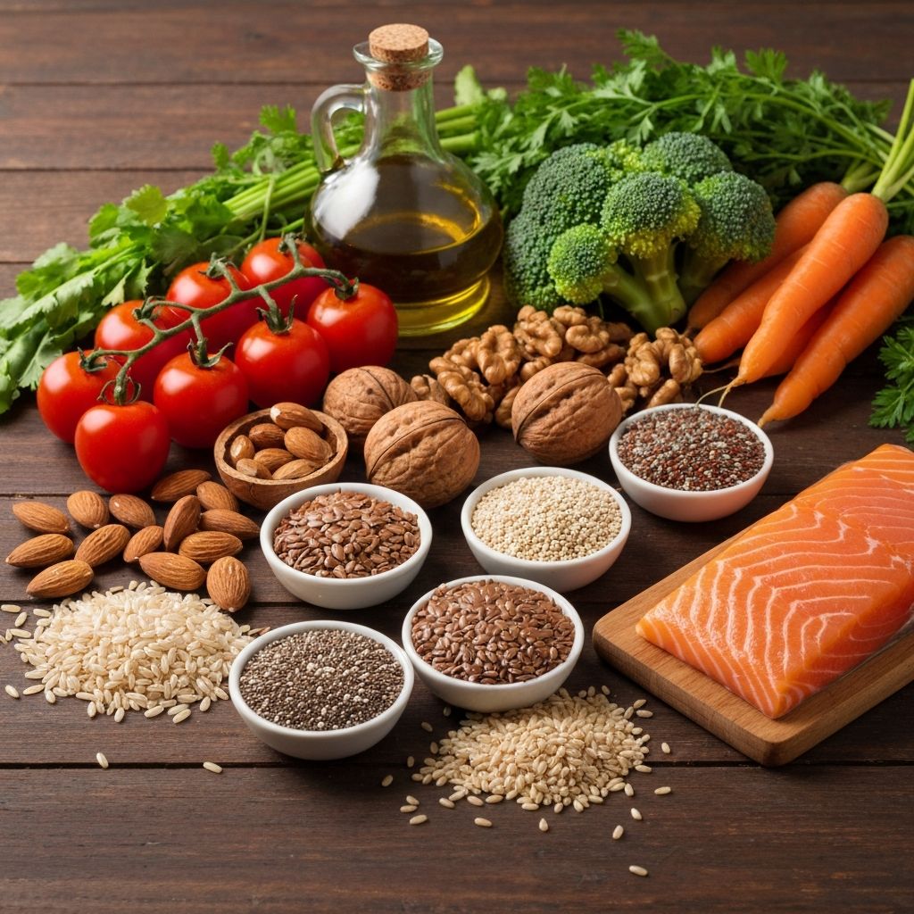 Variety of whole foods showing balanced nutrition and nutrient synergy on wooden table